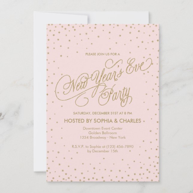 Invitation Étoiles roses et or fantaisie du réveillon du Nouv (Devant)