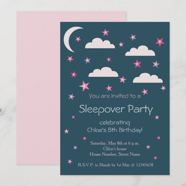 Invitation Étoiles roses Nuages Bleu Anniversaire Soirée (Devant / Derrière)