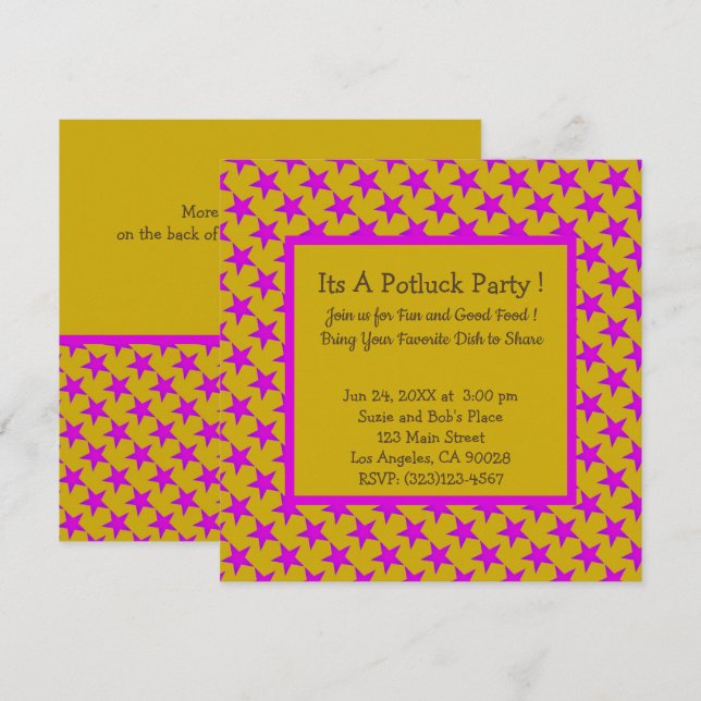 Invitation Étoiles roses sur Motif jaune Potluck (Devant / Derrière)