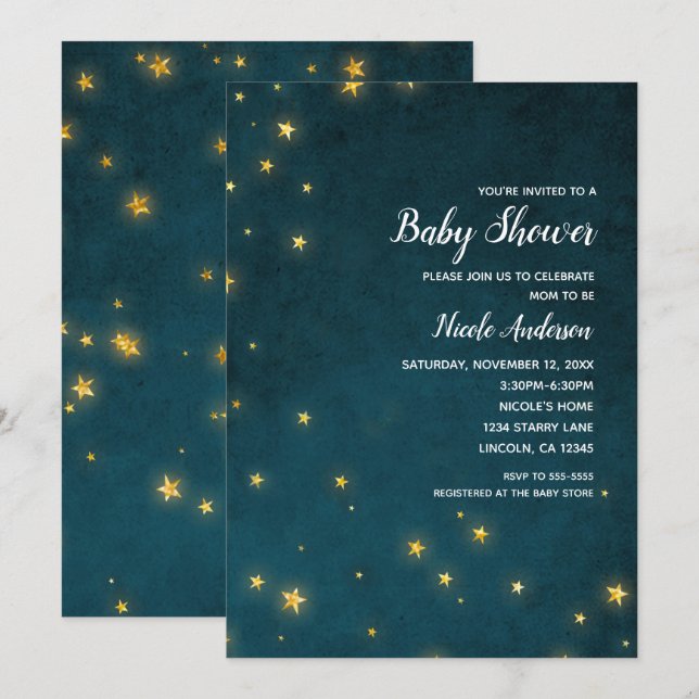 Invitation Étoiles scintillantes dorées Baby Shower Céleste (Devant / Derrière)