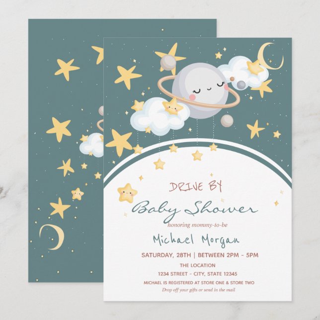 Invitation Étoiles spatiales Nuages Planète Conduite par Baby (Devant / Derrière)