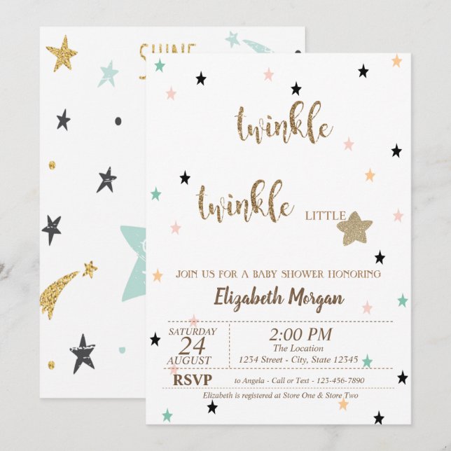 Invitation Etoiles, Twinkle Twinkle Little Star Baby shower (Devant / Derrière)