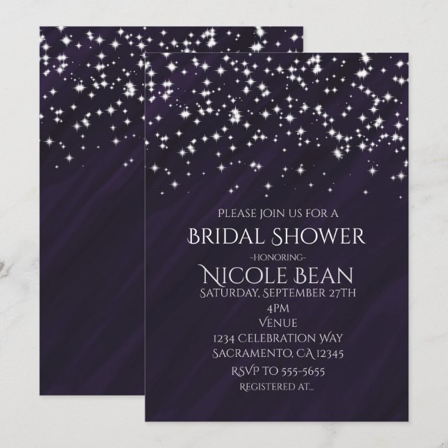 Invitation Étoiles violettes et étincelantes Élégantes Invita (Devant / Derrière)