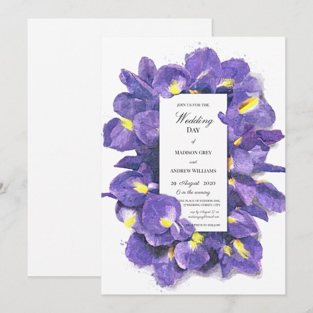 Invitation Étonnant violet Irises Aquarelle Floral Mariage (Devant / Derrière)