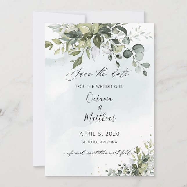 Invitation Eucalptus de l'aquarelle rustique Sauvez la date (Devant)
