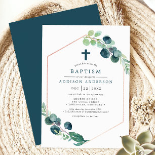 Invitation Eucalyptus à l'aquarelle élégant avec baptême croi