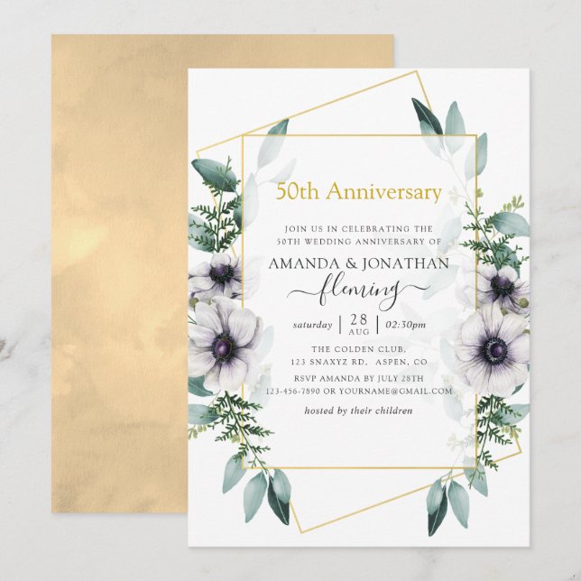 Invitation Eucalyptus Anémone géométrique 50e anniversaire (Devant / Derrière)