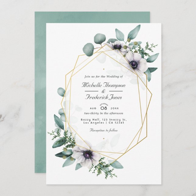 Invitation Eucalyptus Anémone Géométrique QR Code RSVP Mariag (Devant / Derrière)