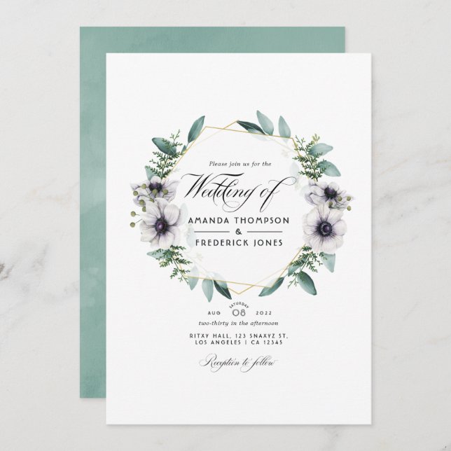 Invitation Eucalyptus Anémone Géométrique QR Code RSVP Mariag (Devant / Derrière)