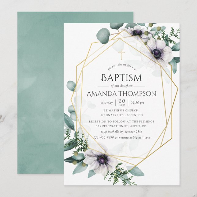 Invitation Eucalyptus Anémonique Baptême géométrique/Christen (Devant / Derrière)