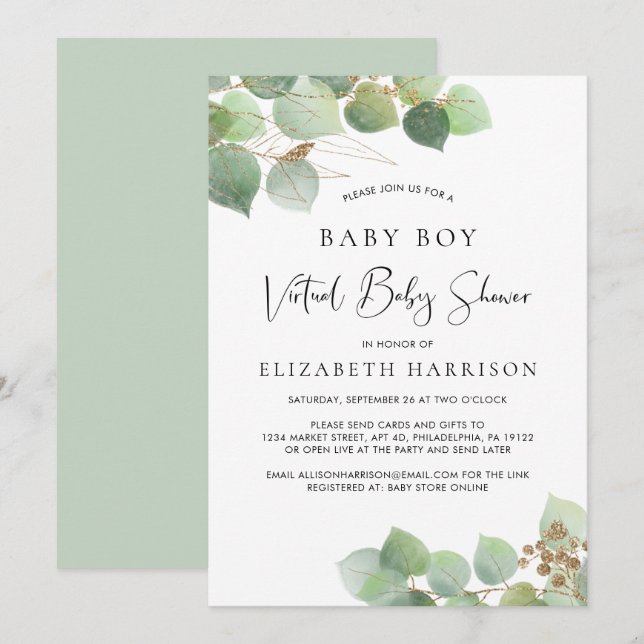 Invitation Eucalyptus Aquarelle Bébé Garçon Douche virtuelle (Devant / Derrière)