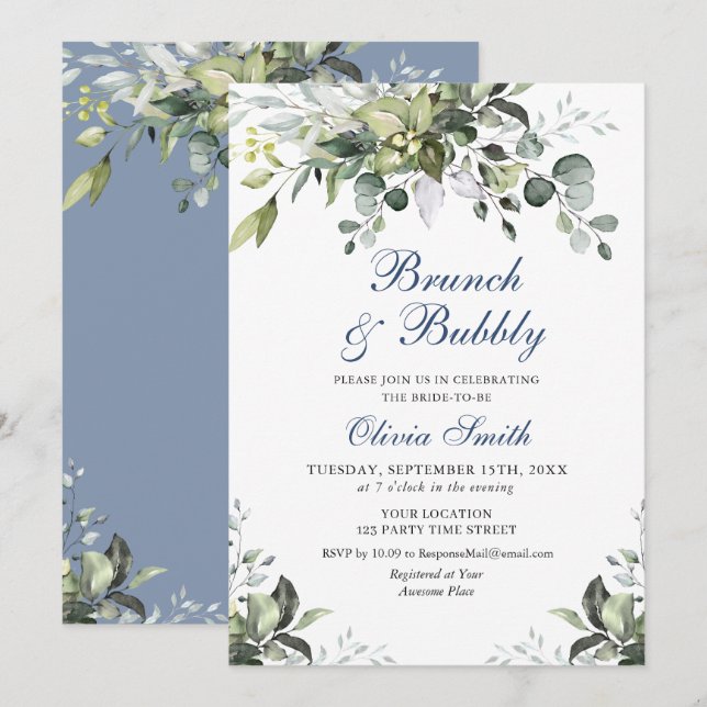 Invitation Eucalyptus aquarelle Brunch et Bubbly (Devant / Derrière)