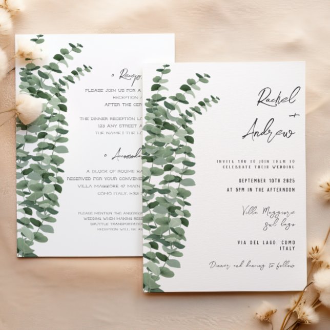 Invitation Eucalyptus aquarelle Détails de mariage élégant (Créateur téléchargé)