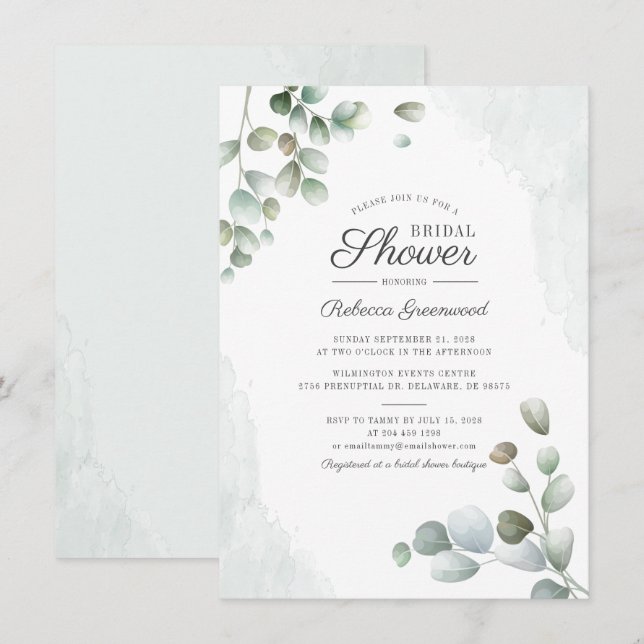 Invitation Eucalyptus Aquarelle Fête des mariées Succulente (Devant / Derrière)
