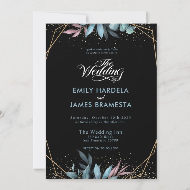 Invitation Eucalyptus Aquarelle Or encadré Mariage Budget (Devant)