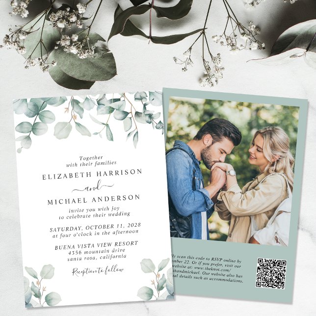 Invitation Eucalyptus Aquarelle Photo QR Code Mariage (An elegant wedding invitation to set the tone for an unforgettable event)