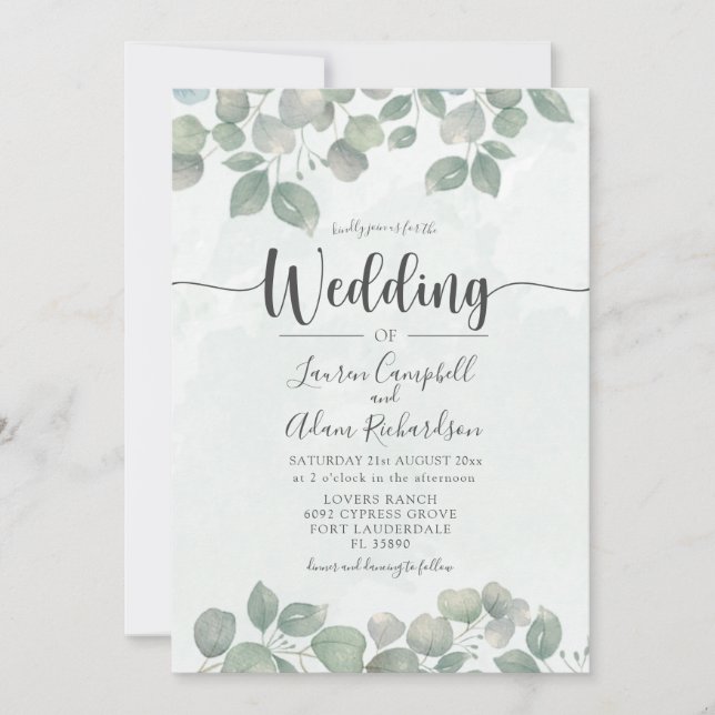 Invitation Eucalyptus aquarelle Sage Mariage vert (Devant)