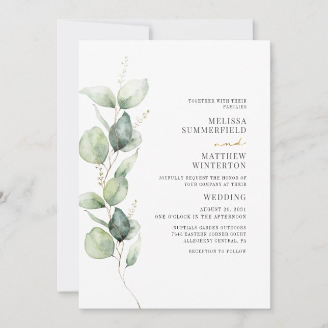 Invitation Eucalyptus Aquarelle Verdure Mariage botanique (Devant)