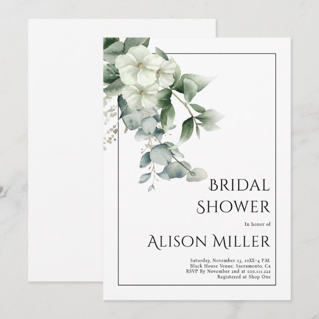 Invitation Eucalyptus avec fleurs blanches douche nuptiale (Devant / Derrière)