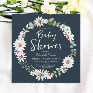 Invitation Eucalyptus & Baby shower bleu marine