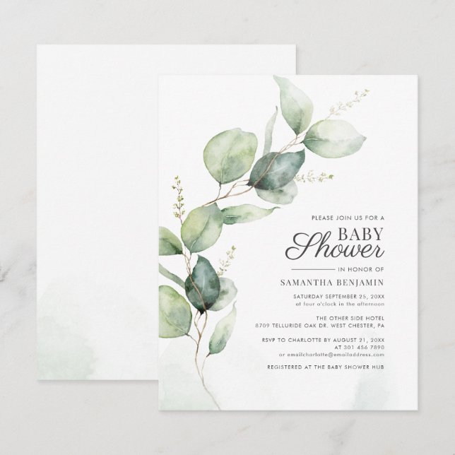 Invitation Eucalyptus Baby shower botanique de verdure (Devant / Derrière)