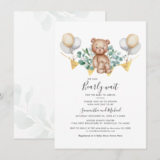 Invitation Eucalyptus Baby shower d'ours botanique vert (Devant / Derrière)