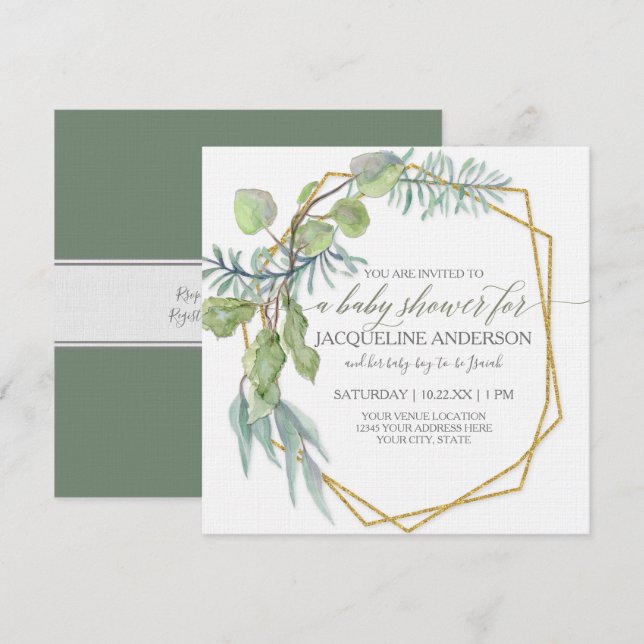 Invitation Eucalyptus Baby shower géométrique de couronne (Devant / Derrière)