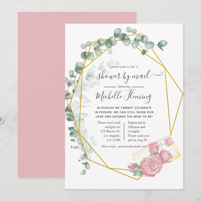 Invitation Eucalyptus Baby shower géométrique par courrier (Devant / Derrière)