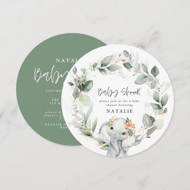 Invitation eucalyptus baby shower vert mignon invitat (Devant / Derrière)