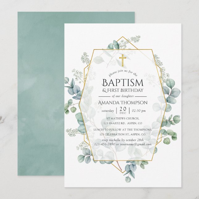 Invitation Eucalyptus Baptême géométrique 1er anniversaire (Devant / Derrière)