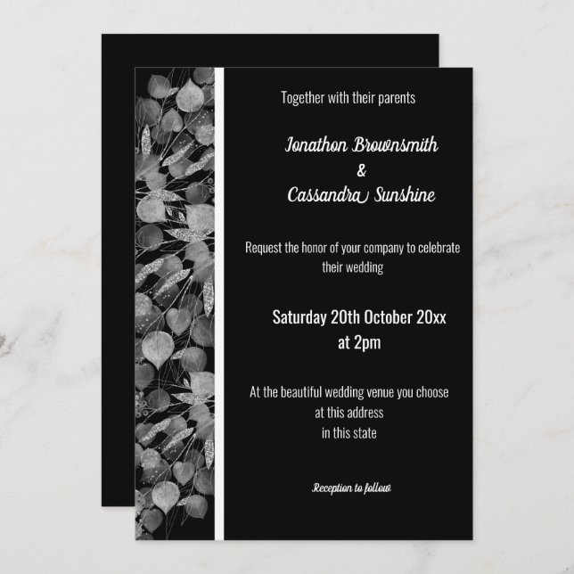 INVITATION EUCALYPTUS BLANC ARGENT NOIR TRIM BLANC (Devant / Derrière)