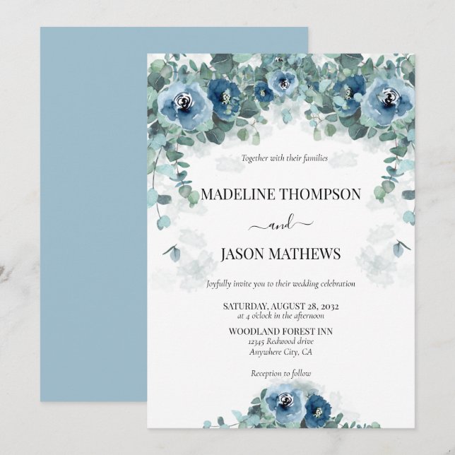 Invitation Eucalyptus bleu Duché Floral 2 Mariage (Devant / Derrière)