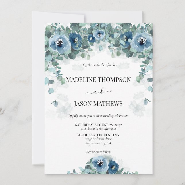Invitation Eucalyptus bleu Dusty Floral Mariage (Devant)