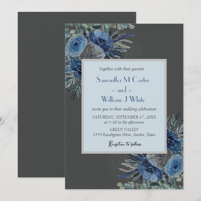 Invitation Eucalyptus bleu rustique (Devant / Derrière)