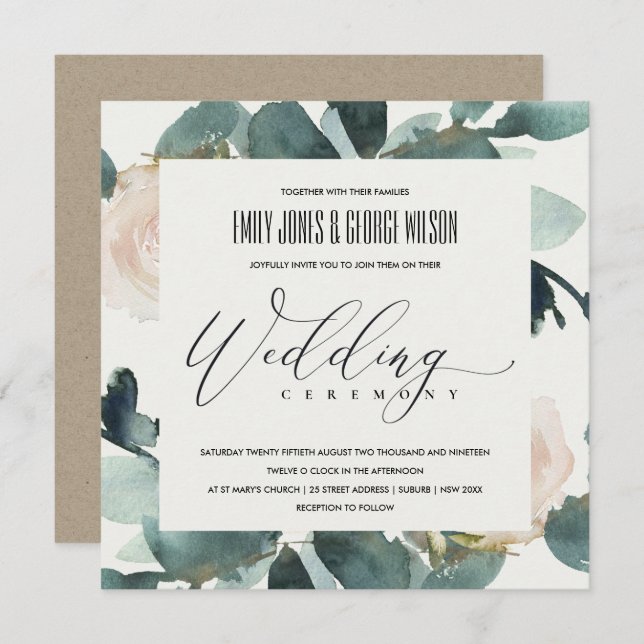 INVITATION EUCALYPTUS BLUSH ROSE FOLIAGE MARIAGE WATERCOLOR (Devant / Derrière)
