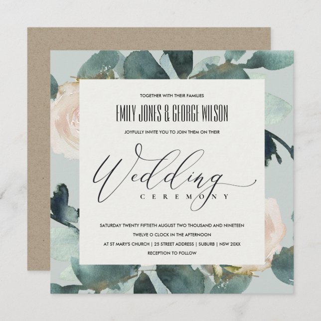 INVITATION EUCALYPTUS BLUSH ROSE GRAS KRAFT FOLIAGE MARIAGE (Devant / Derrière)