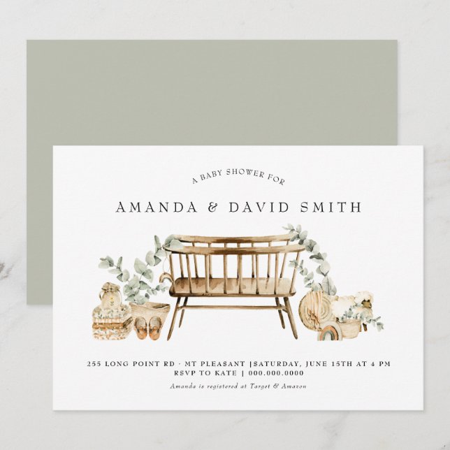 Invitation Eucalyptus Bohemian Baby shower Sage Green  (Devant / Derrière)