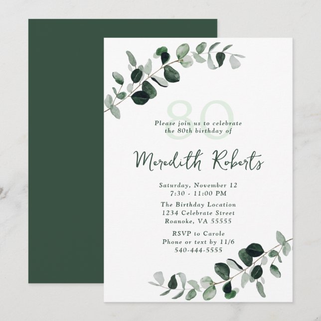 Invitation Eucalyptus Botanical Greenery 80e anniversaire (Devant / Derrière)