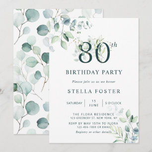 Invitation Eucalyptus Botanical Number 80th Birthday Party