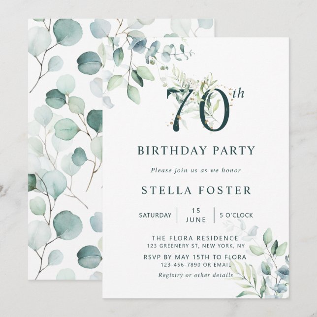Invitation Eucalyptus Botanical Numéro 70e fête d'anniversair (Devant / Derrière)