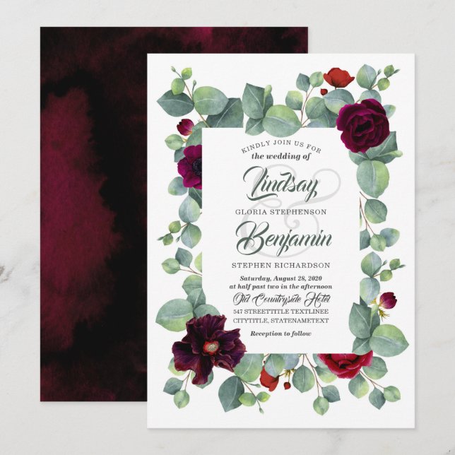 Invitation Eucalyptus | Bourgogne Floral Chic Mariage moderne (Devant / Derrière)