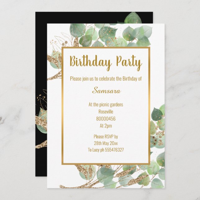 Invitation Eucalyptus Branche Gold Vert Trier 2 Anniversaire (Devant / Derrière)