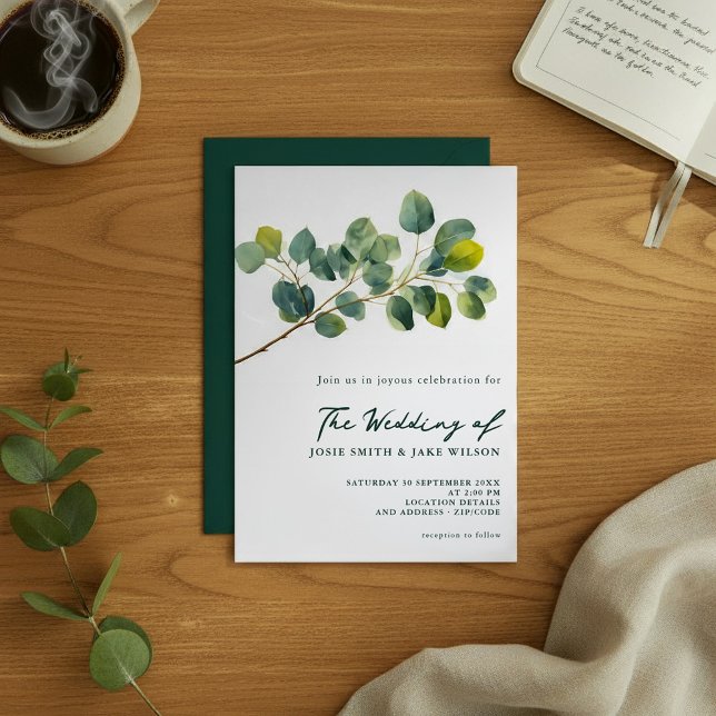 Invitation Eucalyptus branches vert feuille mariage (Eucalyptus branches green leaves wedding invitation.)