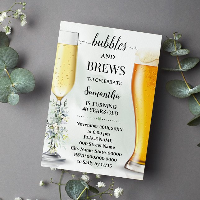 Invitation Eucalyptus Bubbles and Brews Adultes Anniversaire (Créateur téléchargé)