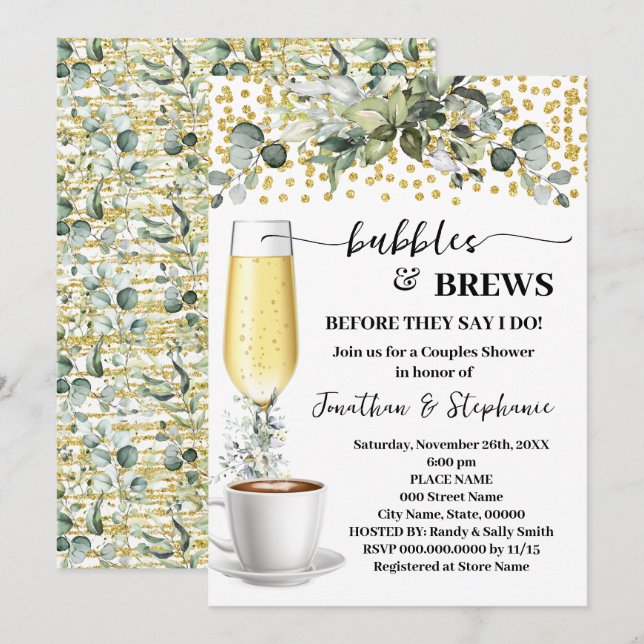 Invitation Eucalyptus Bubbles & Brews Fête des mariées café (Devant / Derrière)