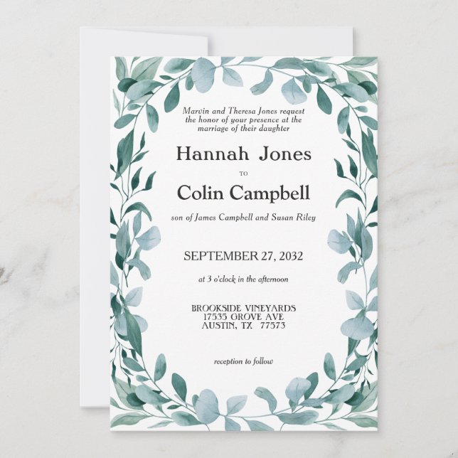 Invitation Eucalyptus Cadre vert bleu Mariage (Devant)