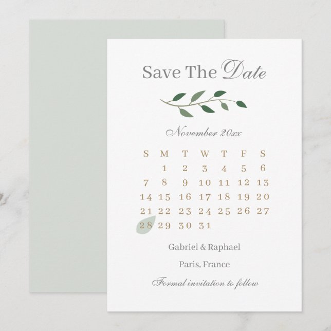 Invitation Eucalyptus Calendrier de verdure Enregistrer la da (Devant / Derrière)