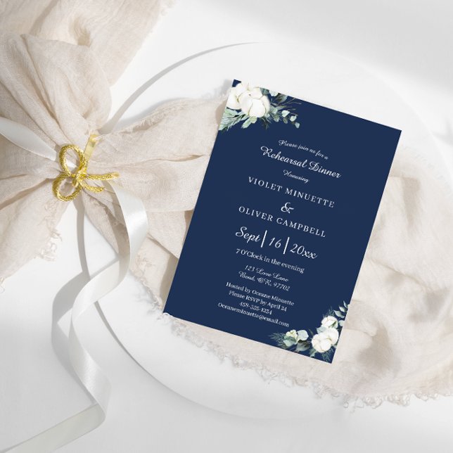 Invitation Eucalyptus Cotton Navy Moderne v2 Dîner de répétit (Créateur téléchargé)
