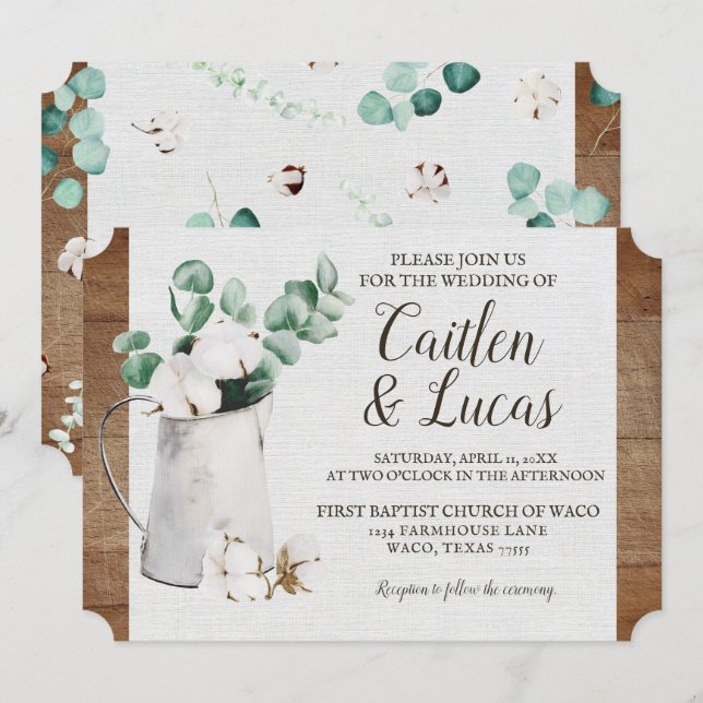 Invitation Eucalyptus Cotton Timbre Shiplap Ferme Mariage (Devant / Derrière)