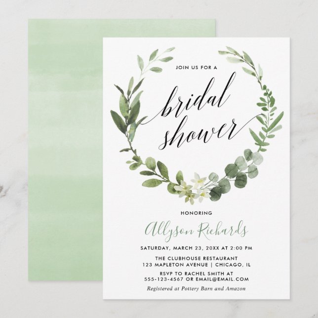 Invitation Eucalyptus couronne femme neutre douche nuptiale (Devant / Derrière)